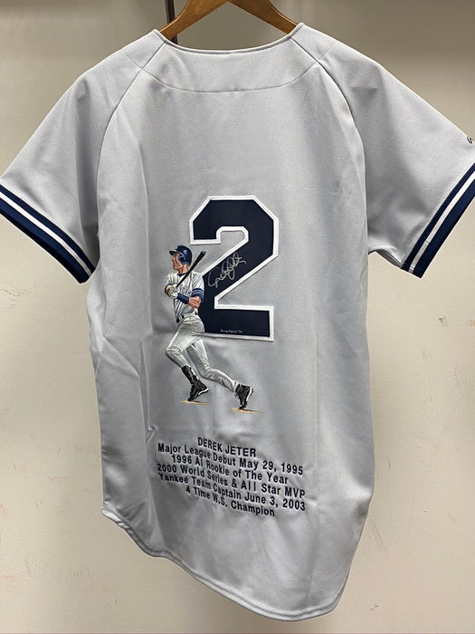 Derek Jeter Signed Gray Yankees Jersey with Original Painting and Stitched Stats
